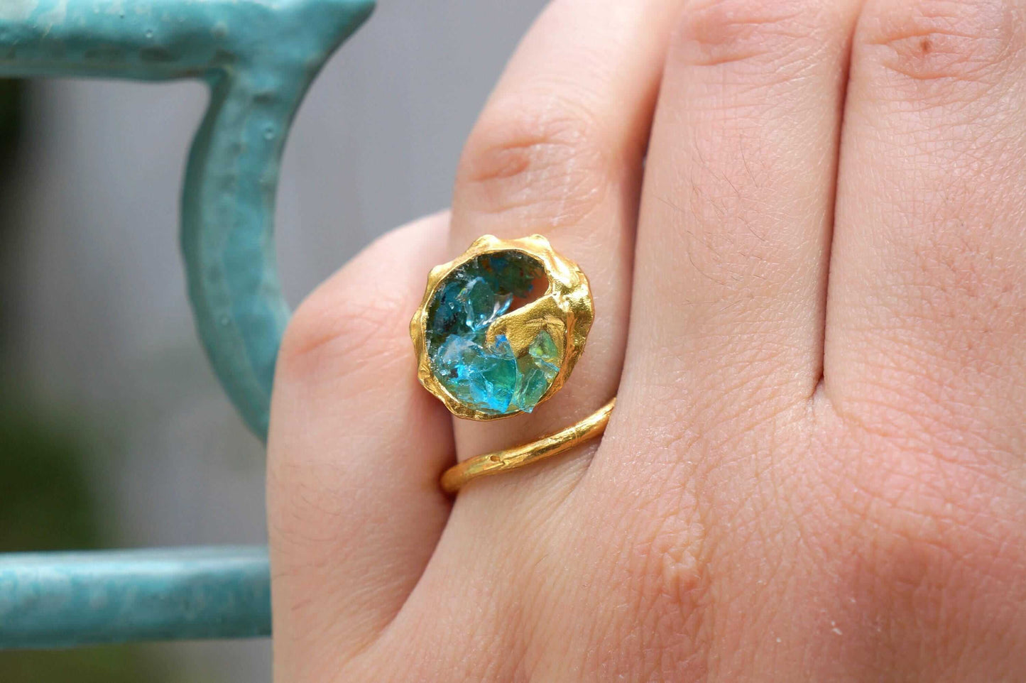 fachgo | Gold Sea Shell Ring, Gold-Plated Sterling Silver Jewelry, Murano Stone