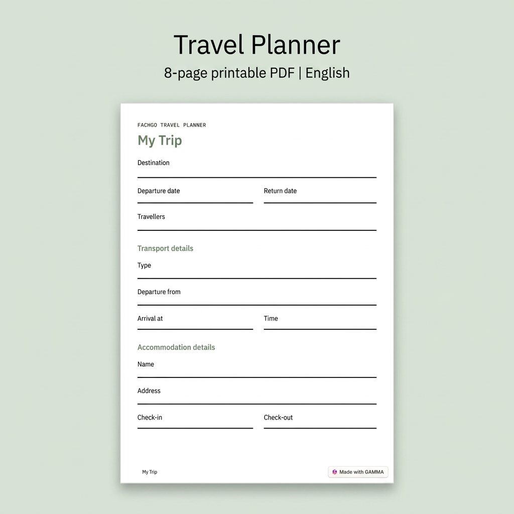 Fachgo travel planner printable PDF preview showing the My Trip page