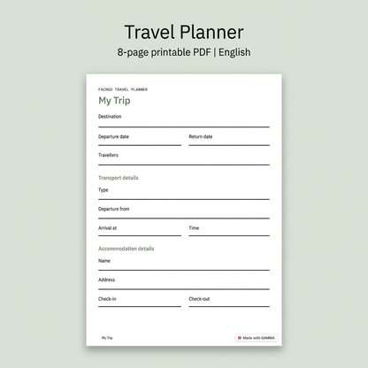 Fachgo travel planner printable PDF preview showing the My Trip page