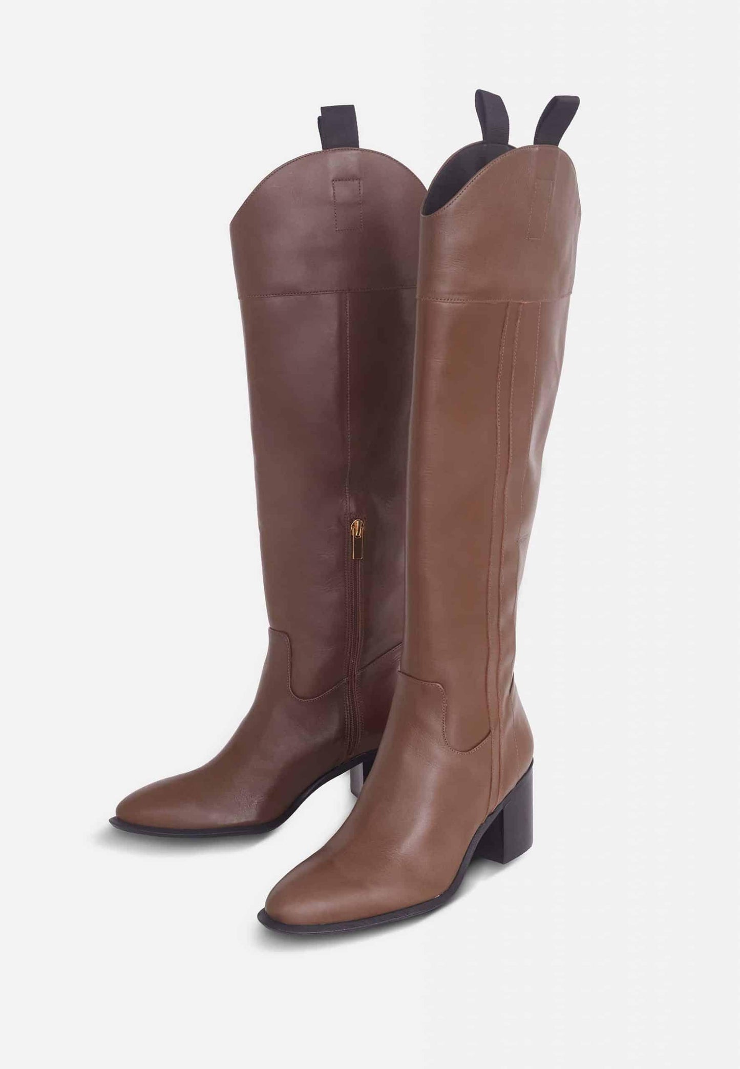 fachgo | Brown Calf Leather Knee-High Boots – Women’s Block Heel Riding Boots