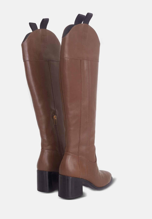 fachgo | Brown Calf Leather Knee-High Boots – Women’s Block Heel Riding Boots