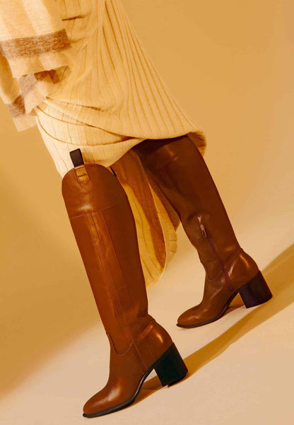 fachgo | Brown Calf Leather Knee-High Boots – Women’s Block Heel Riding Boots