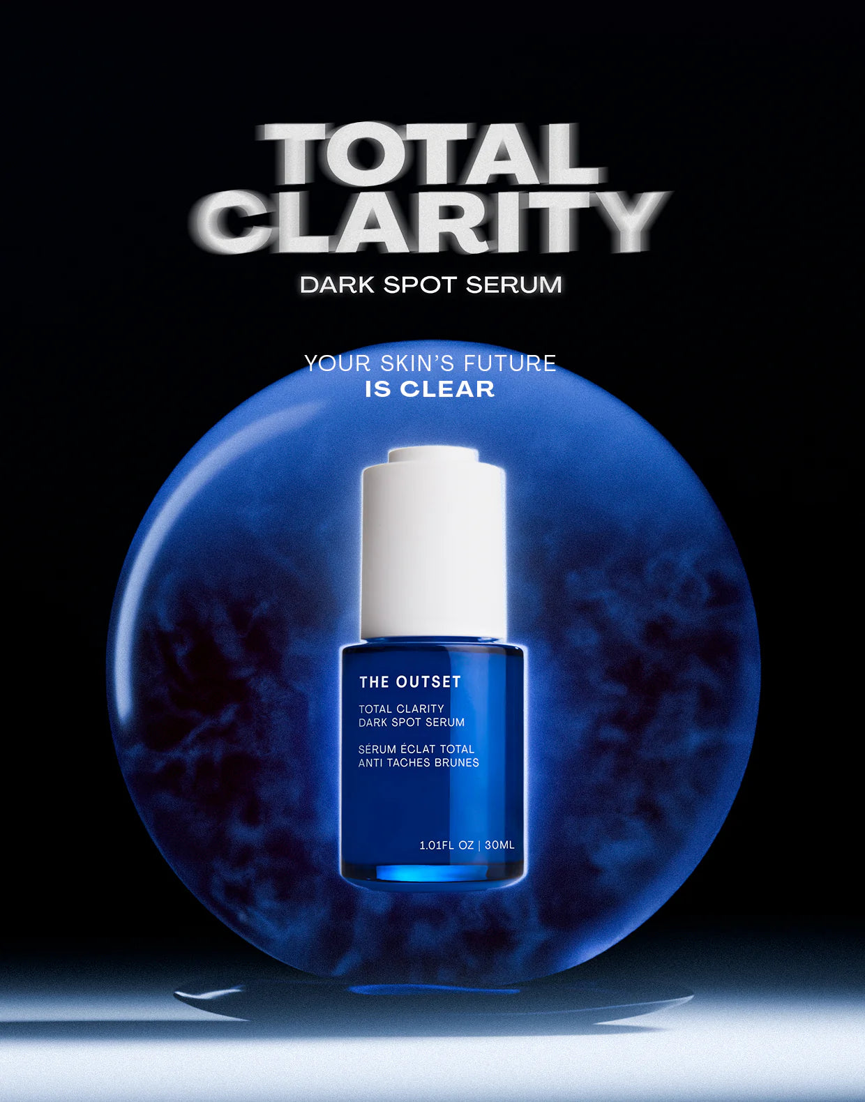 Total Clarity Dark Spot Serum in a blue bottle with a tagline about clear skin.