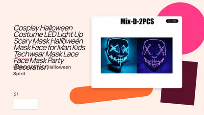 Cosplay Halloween Costume LED Light Up Scary Mask Halloween Mask Face for Man Kids Techwear Mask Lace Face Mask Party Decoration by@Outfy