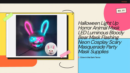 Halloween Light Up Horror Animal Mask LED Luminous Bloody Bear Mask Flashing Neon Cosplay Scary Masquerade Party Mask Supplies by@Outfy