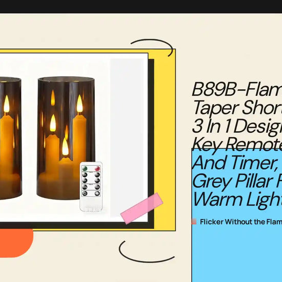 B89B-Flameless Taper Short Candles 3 In 1 Design With 10 Key Remote Control And Timer, 3" X 6" Grey Pillar Flickering Warm Light by@Outfy