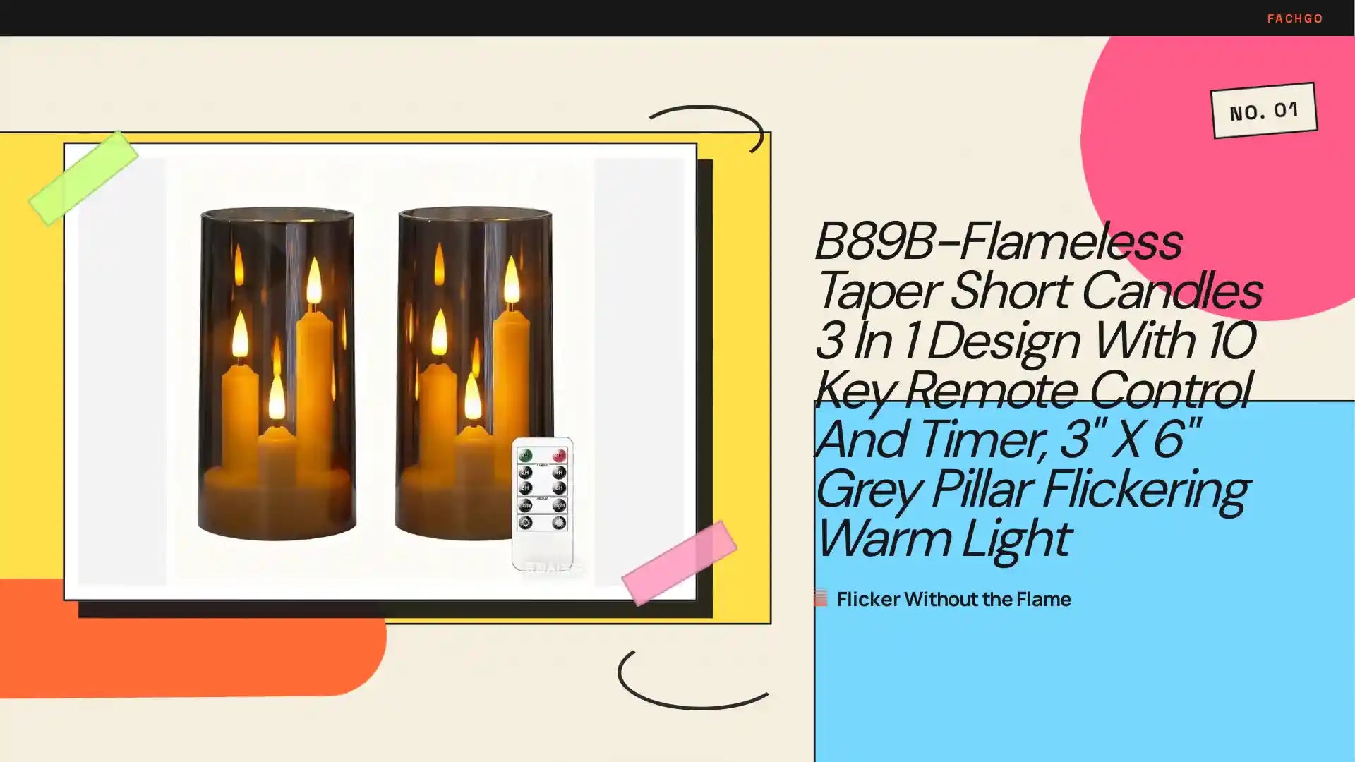 B89B-Flameless Taper Short Candles 3 In 1 Design With 10 Key Remote Control And Timer, 3" X 6" Grey Pillar Flickering Warm Light by@Outfy