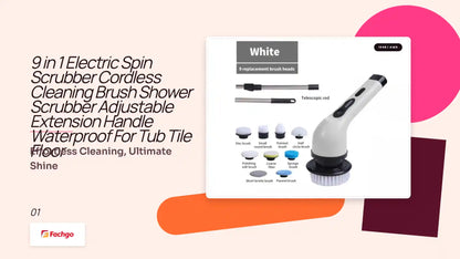 9 in 1 Electric Spin Scrubber Cordless Cleaning Brush Shower Scrubber Adjustable Extension Handle Waterproof For Tub Tile Floor by@Outfy