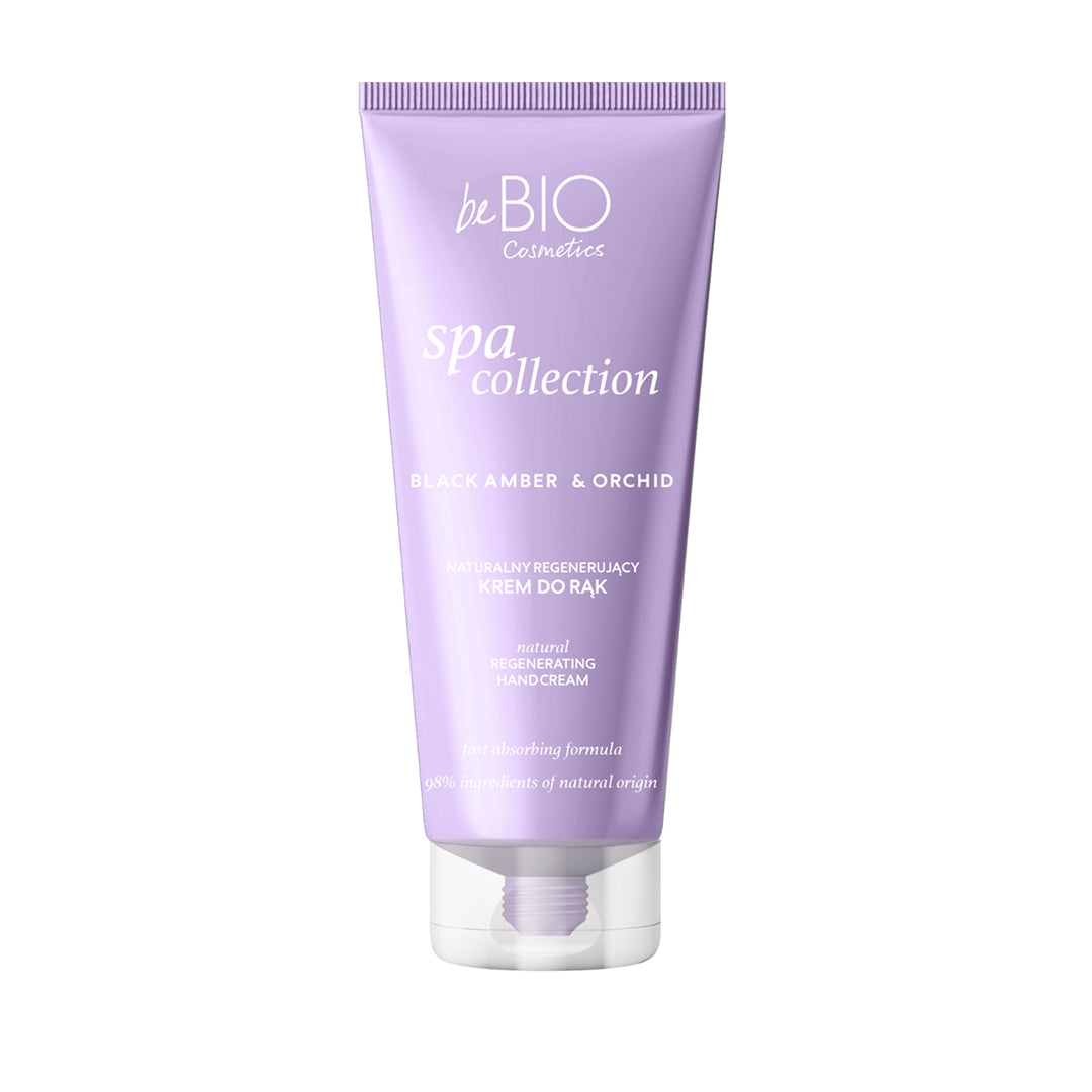 Natural regenerating hand cream Black Amber & Orchid 50ml BeBIO Cosmetics in a lavender tube.