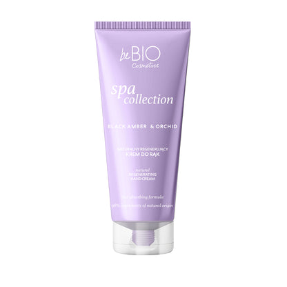 Natural regenerating hand cream Black Amber & Orchid 50ml BeBIO Cosmetics in a lavender tube.