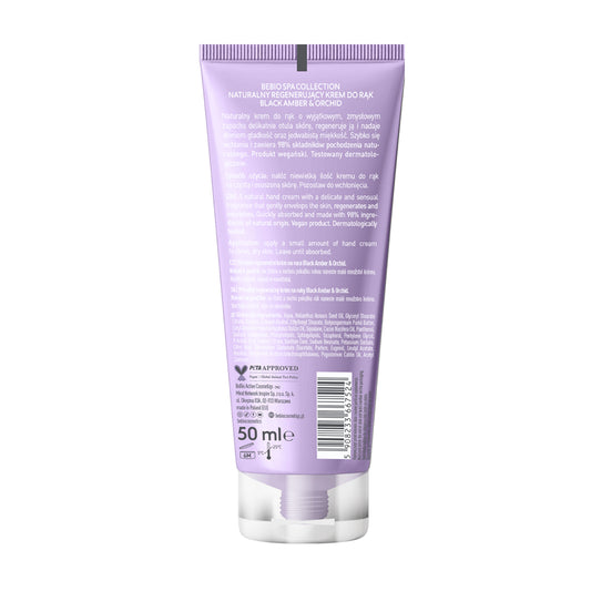 Natural regenerating hand cream Black Amber & Orchid 50ml BeBIO Cosmetics packaging showing the back with ingredients and usage instructions