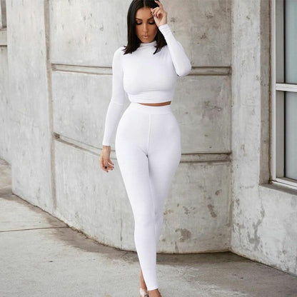2 Piece Set Long Sleeve Solid Crop Top and Leggings in white, showcasing a trendy streetwear style for winter.