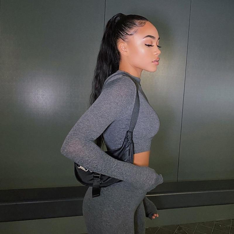 2 Piece Set Long Sleeve Solid Crop Top and Leggings model wearing gray outfit with sleek ponytail.