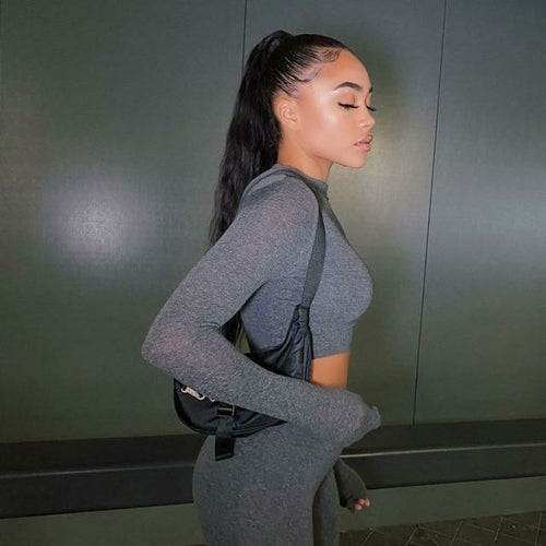 2 Piece Set Long Sleeve Solid Crop Top and Leggings model showcasing streetwear style in grey.