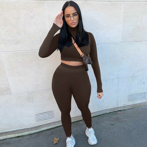 2 Piece Set Long Sleeve Solid Crop Top and Leggings model wearing brown outfit outdoors