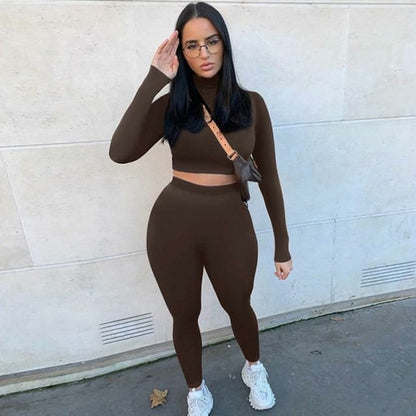2 Piece Set Long Sleeve Solid Crop Top and Leggings model wearing brown outfit outdoors