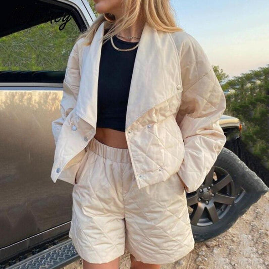 Quilted High Waist Shorts and Crop Jacket Suit top in casual beige style for women, perfect for winter fashion.