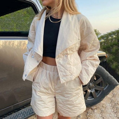 Quilted High Waist Shorts and Crop Jacket Suit top worn by a woman outdoors, featuring a casual style with a turn-down collar.