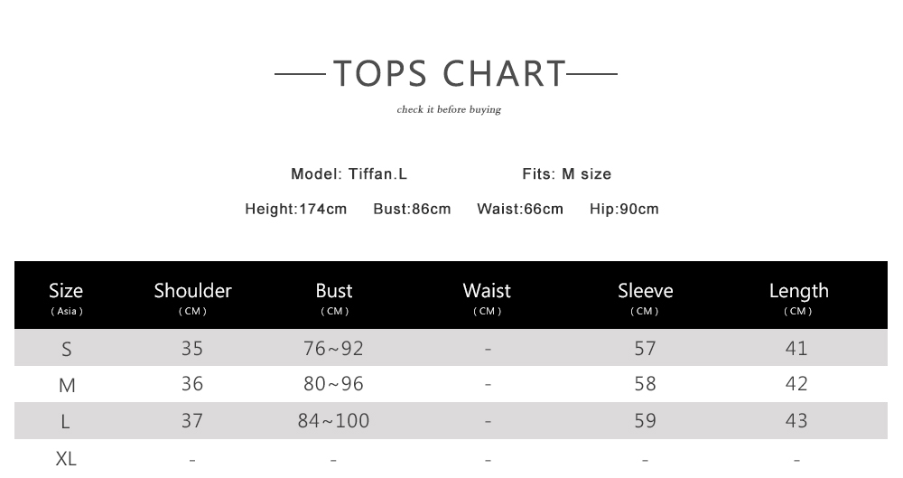 Tops chart for model Tiffany.L showing sizes and measurements including bust, waist, and sleeve lengths.