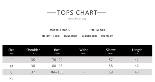 Tops chart for model Tiffany.L showing sizes and measurements including bust, waist, and sleeve lengths.