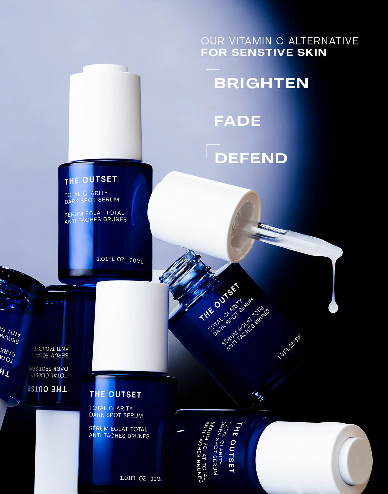 Total Clarity Dark Spot Serum bottles showcasing brightening, fading, and defending benefits for sensitive skin.