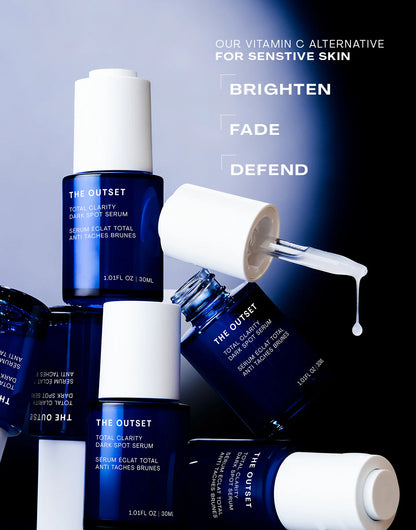 Total Clarity Dark Spot Serum bottles showcasing brightening, fading, and defending benefits for sensitive skin.
