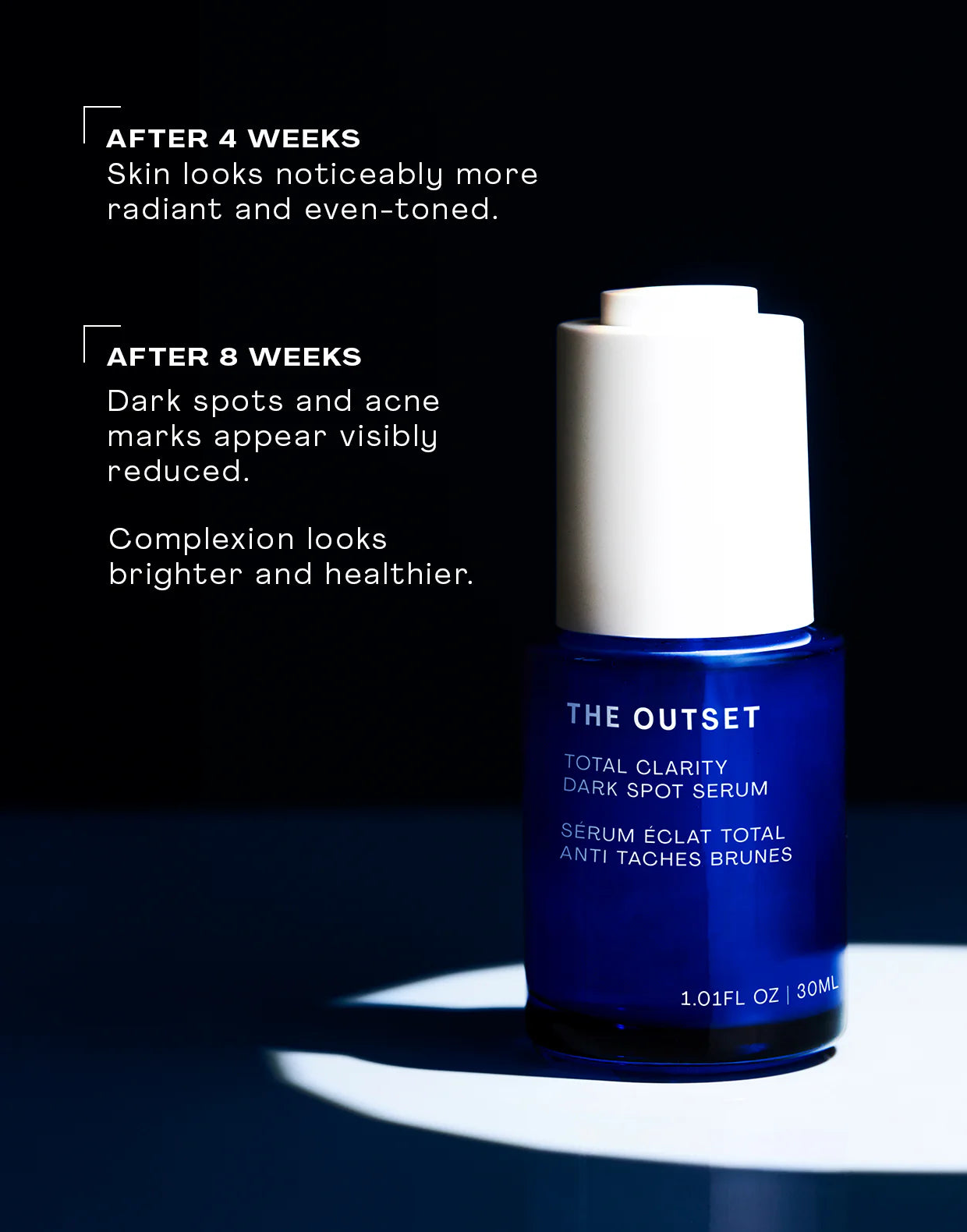 Total Clarity Dark Spot Serum bottle with text highlighting skin improvements after 4 and 8 weeks.