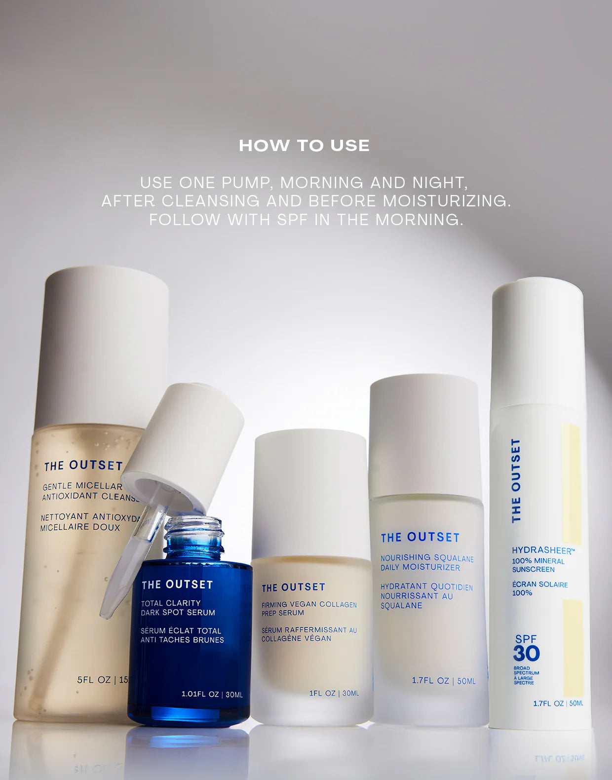 Total Clarity Dark Spot Serum among skincare products with instructions on usage and application steps.
