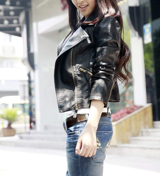 fachgo | Womens Cropped Vegan Leather Jacket
